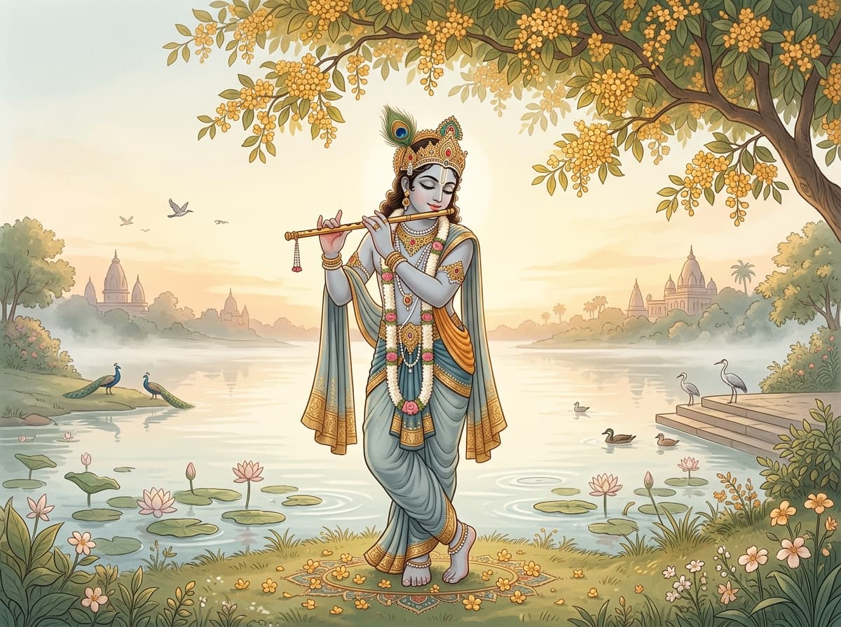 Shri Krishna playing flute by the Yamuna at Vrindavan sunrise